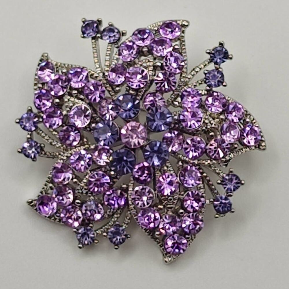 Floral Brooch Purple Violet Rhinestones Layered on Silver Tone Metal
